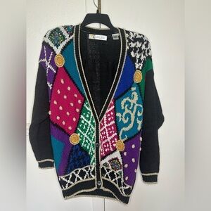Chaus Black and Purple Cardigan Sweater with Geometric Design
